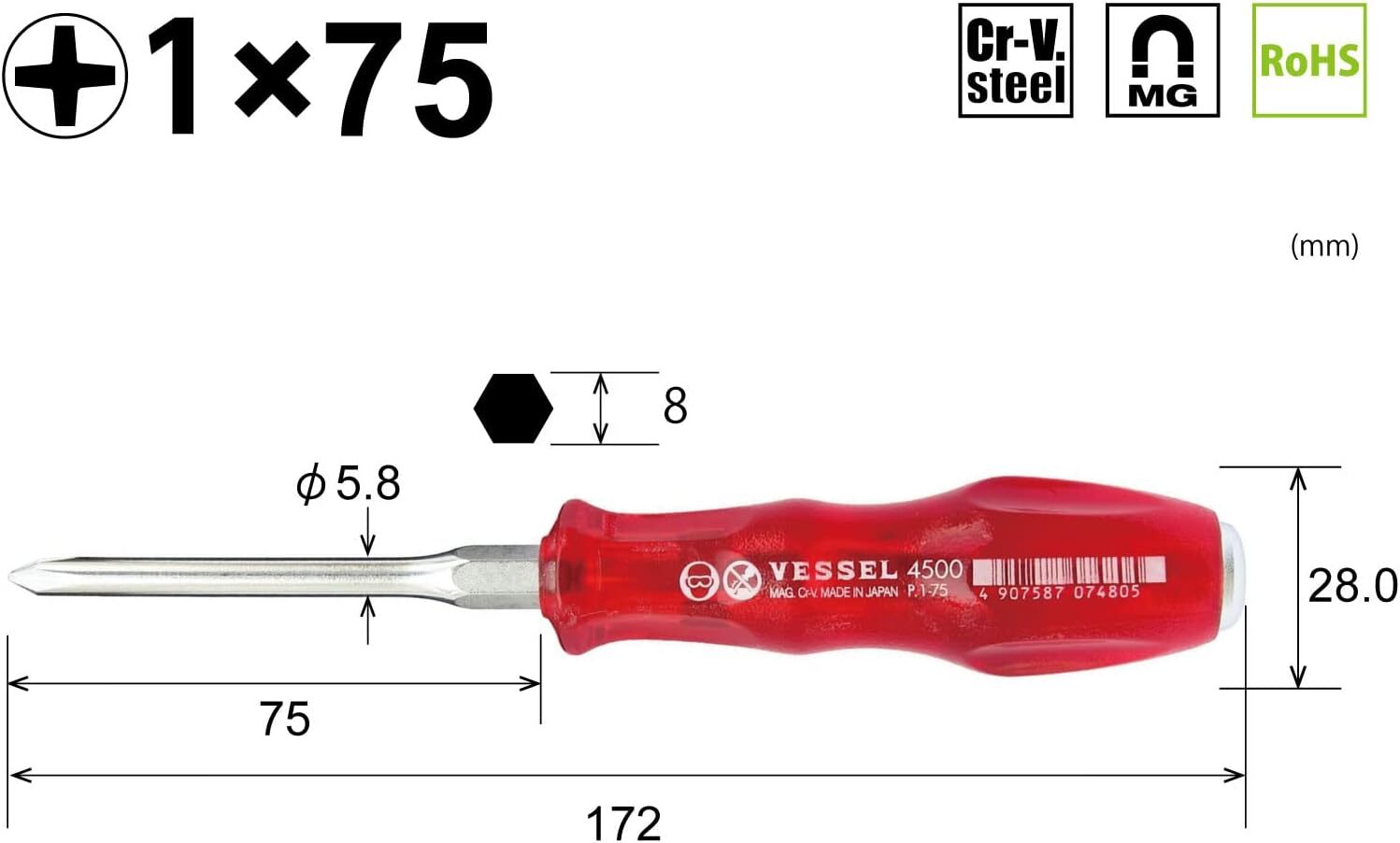VESSEL 4500 screwdriver 8-piece set Phillips slotted head JIS power grip Japan