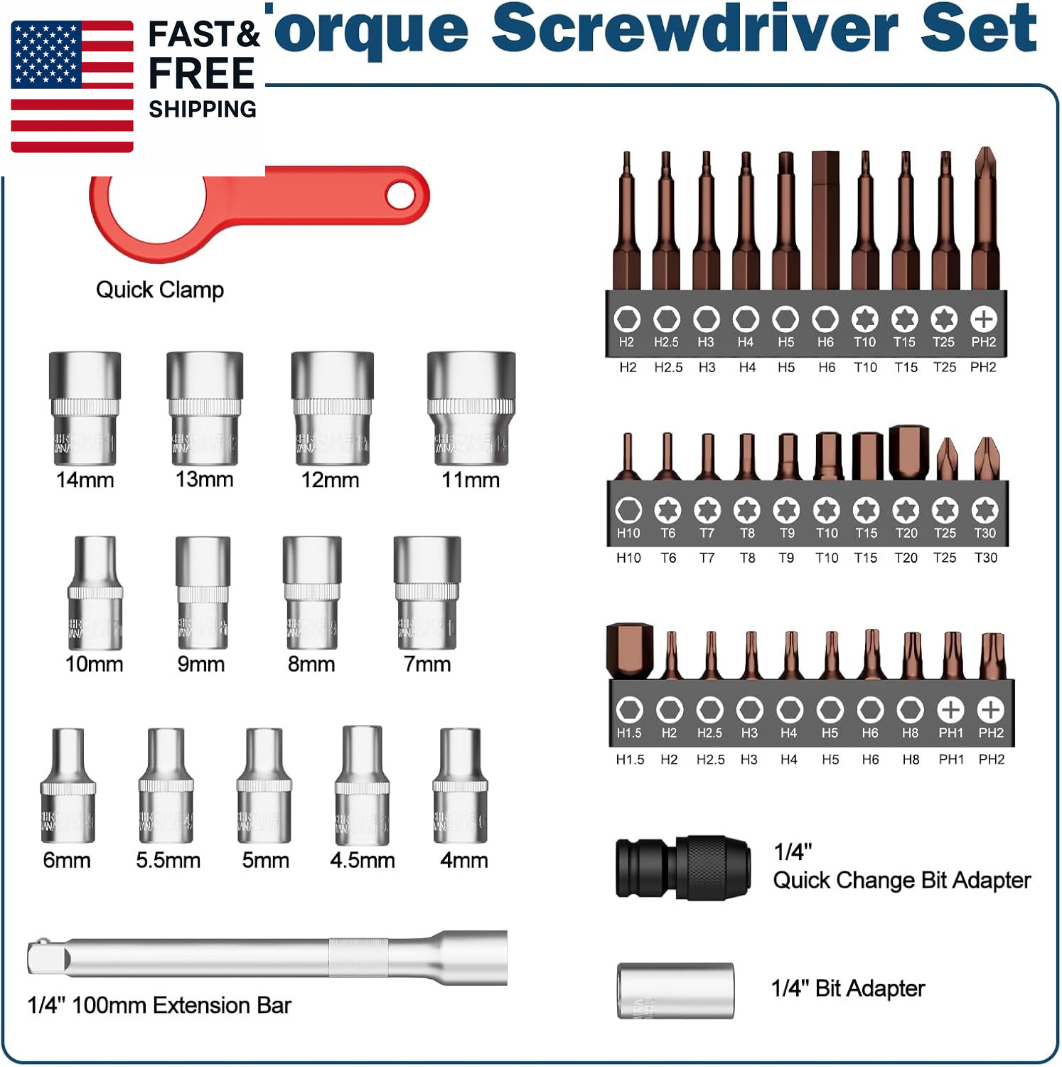 Torque Screwdriver Set 10-70 In.Lb, 48Pcs 1/4″ Drive Torque Screwdriver S2 Bits