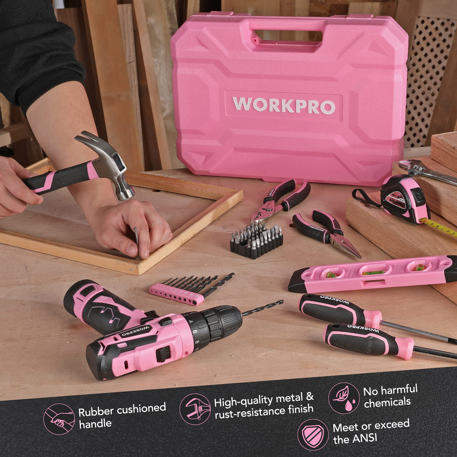 WORKPRO 108PCS Pink Tool Set Power Drill Kits 1.5A Cordless Drills Keyless Chuck