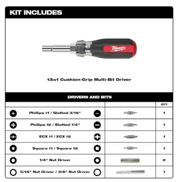 Milwaukee 13-in-1 Multi-Tip Cushion Grip Combination Screwdriver | 48-22-2880