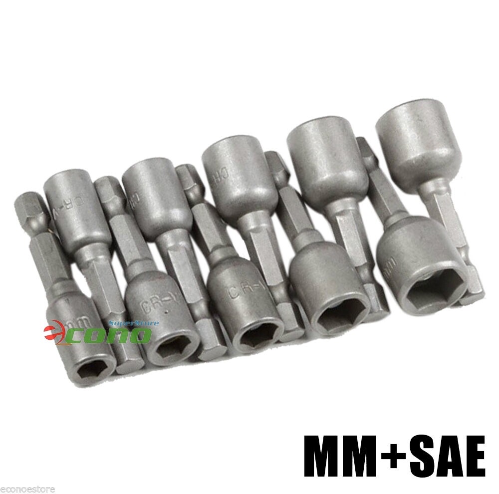 10pc Magnetic Nut Driver Dual 1/4″ Shank Power Tool Metric MM & Standard SAE Set