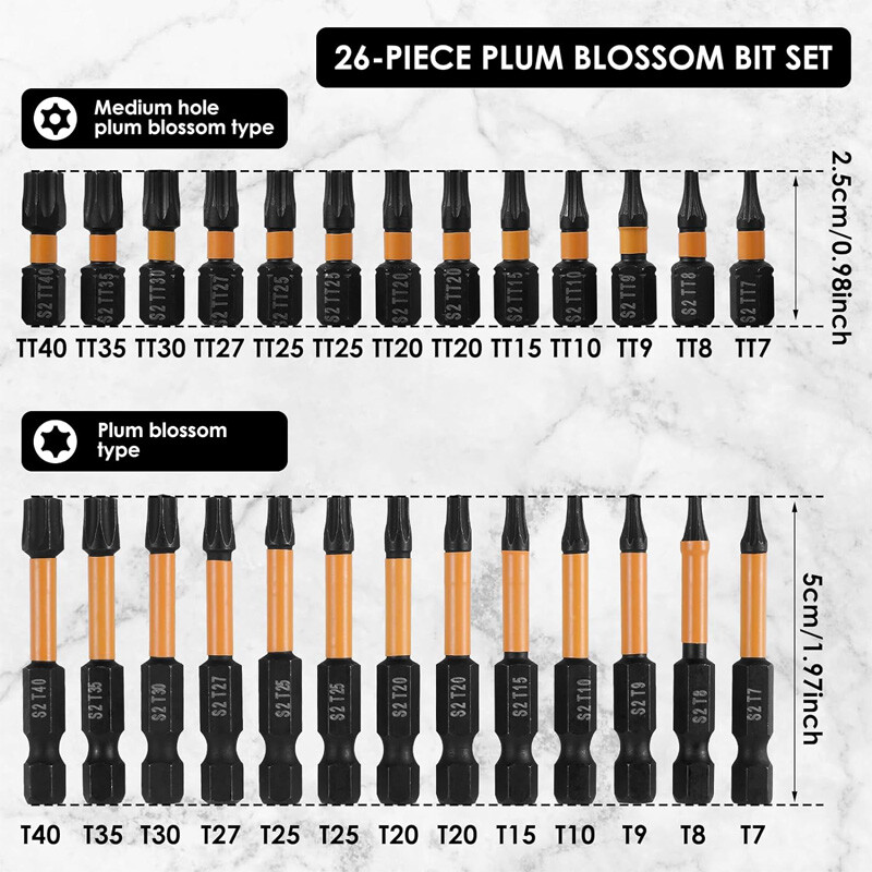 26pcs Impact Torx Set T7-T40 Driver Star Bits Security Tamper Proof 1/4″ Shank