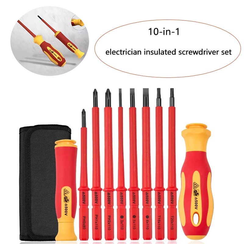 10-in-1 Insulated Screwdriver Set 500V Magnetic Blades with Case for Electrician