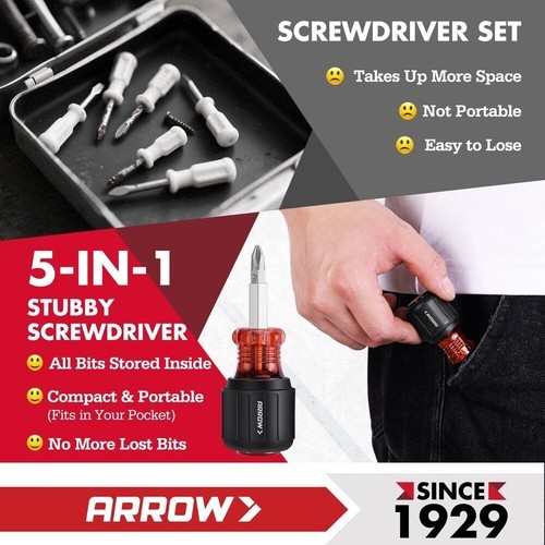 ARROW 11-in-1 Standard/5-in-1 Stubby Multi-bit Screw Driver & Nut Driver Set USA