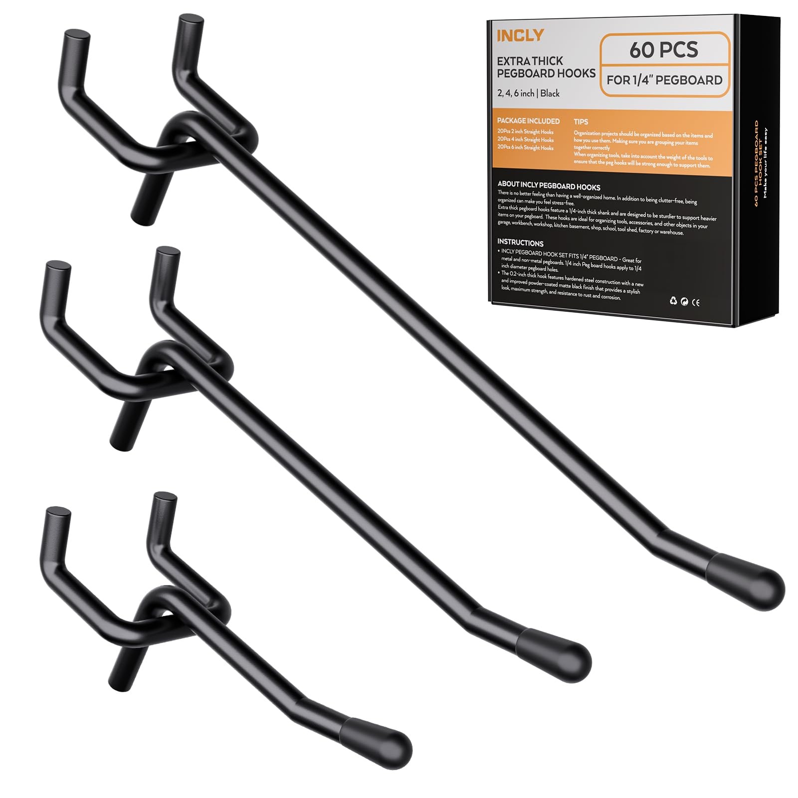 INCLY 60 Pack 2/4/6 Inch Black Pegboard Hooks, 1/4″ 2/4/6inch-60pcs,