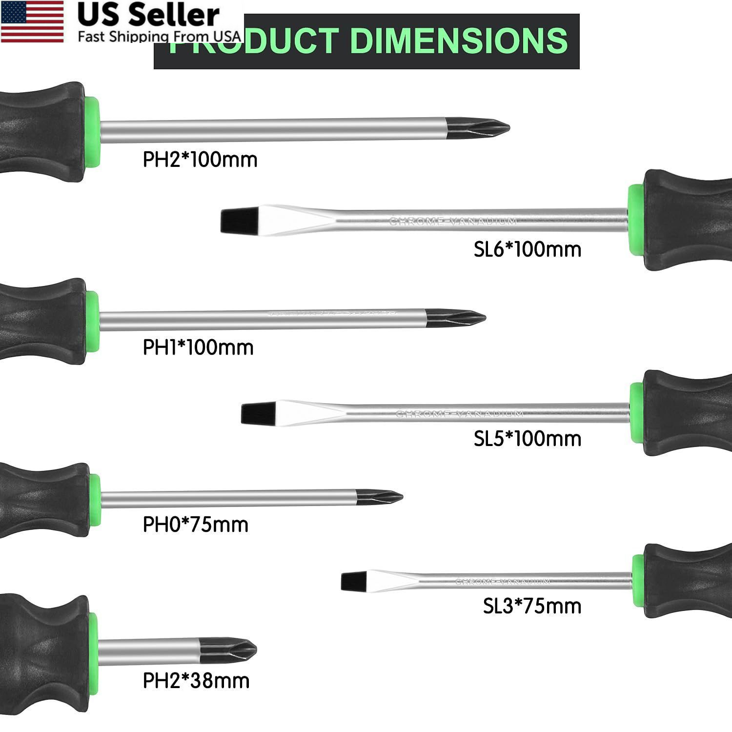 GURADESIGN 7-Piece Magnetic Screwdrivers Set, 4 ‎Phillips & Slotted, Green