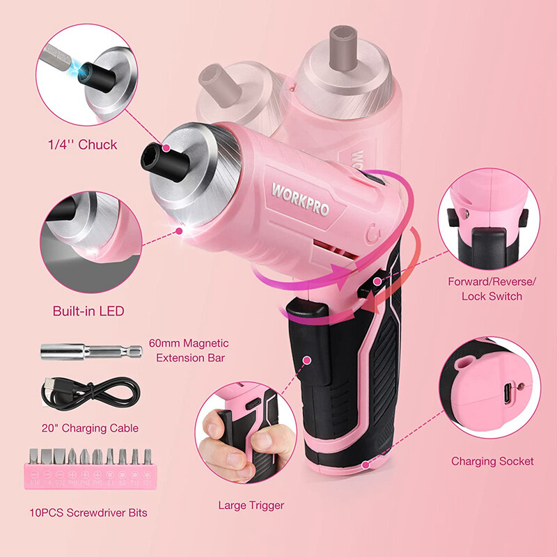 WORKPRO Electric Cordless Screwdriver Kit 18PC Home Tool Household Pink Tool Set