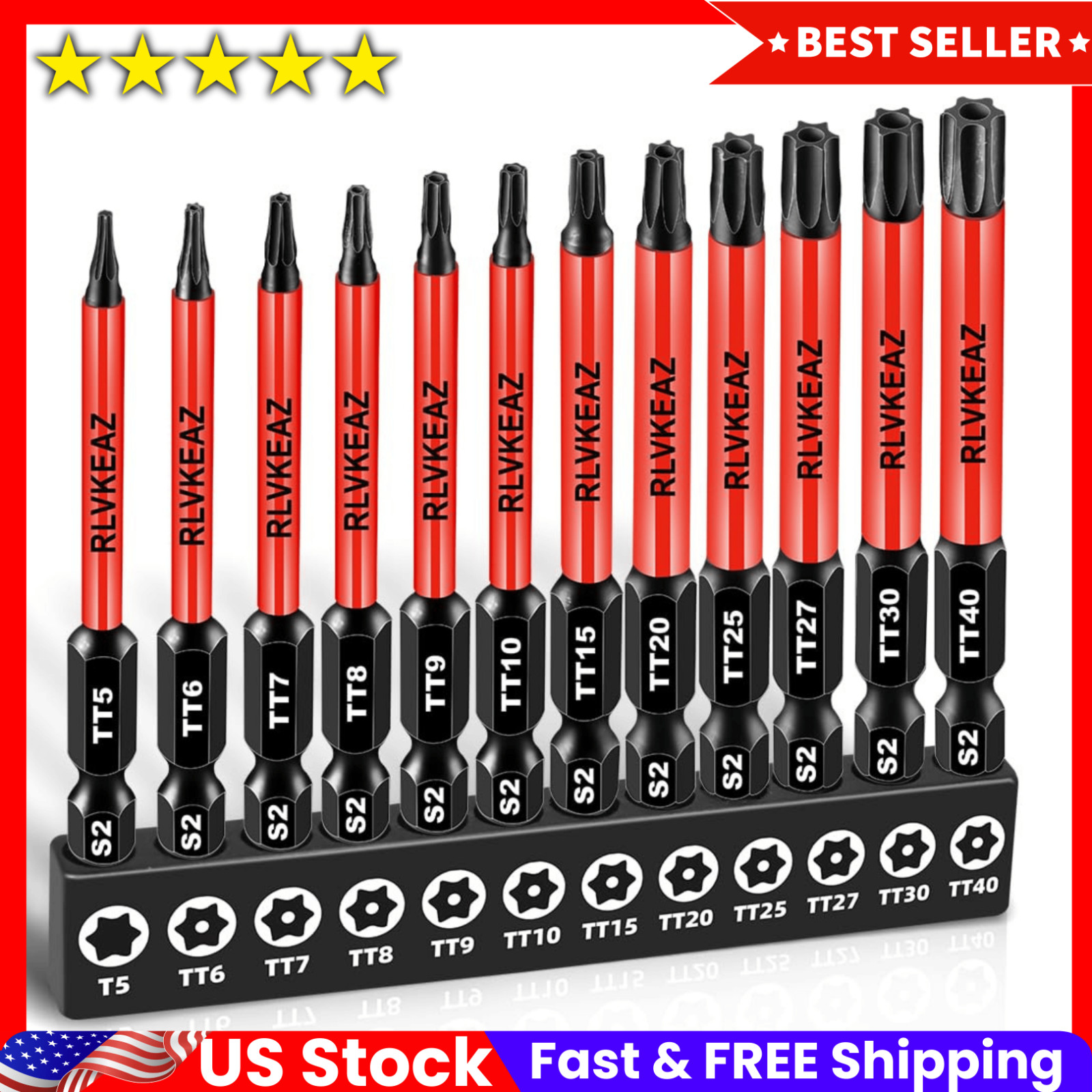12-Piece Impact Security Torx Bit Set (T5-T40) 3-Inch Long S2 Steel Free Shippin