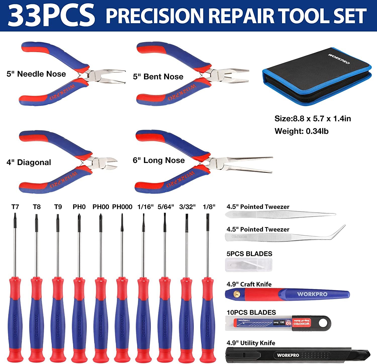 WORKPRO 33PCS Precision Repair Tool Set with Pouch Blue/Pink Pliers Set Tweezers