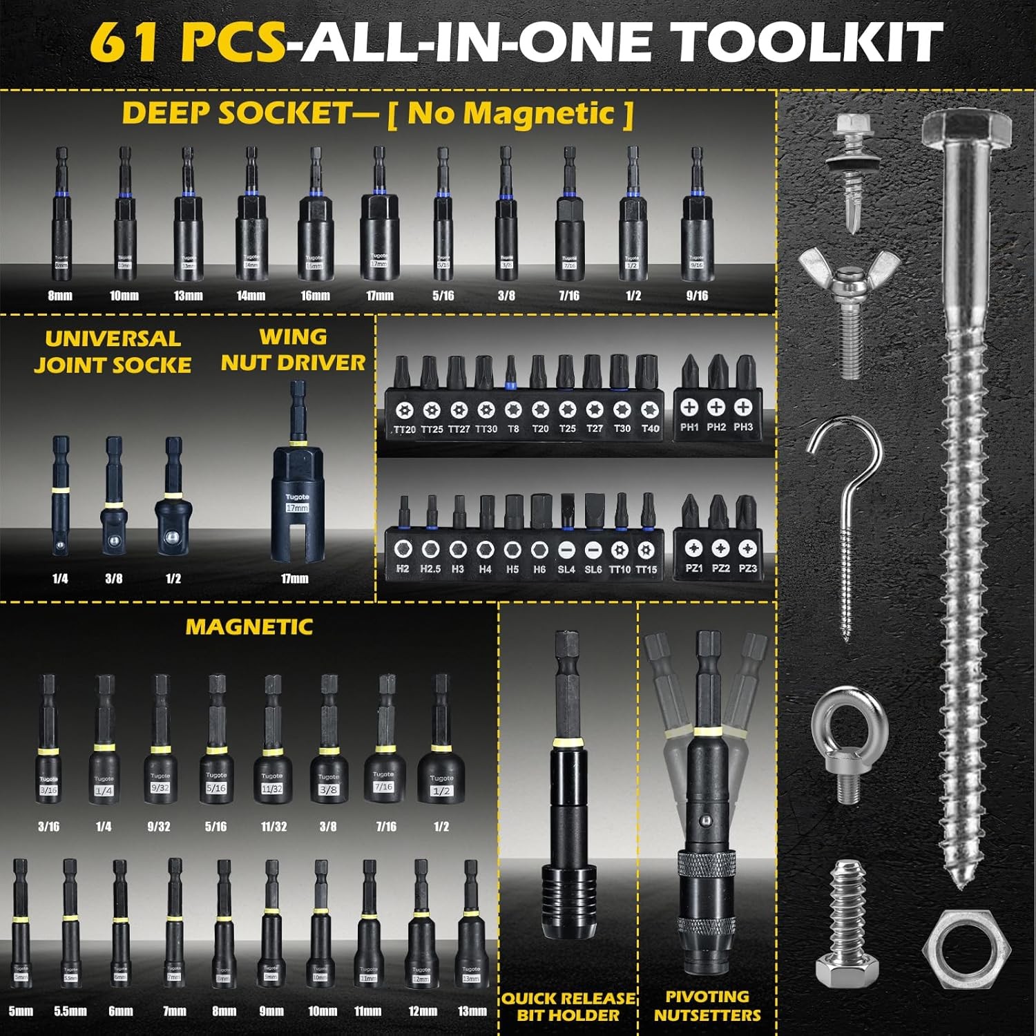 61PCS Impact Nut Driver Set – Magnetic Deep Nut Drivers for Drills Metric & SAE