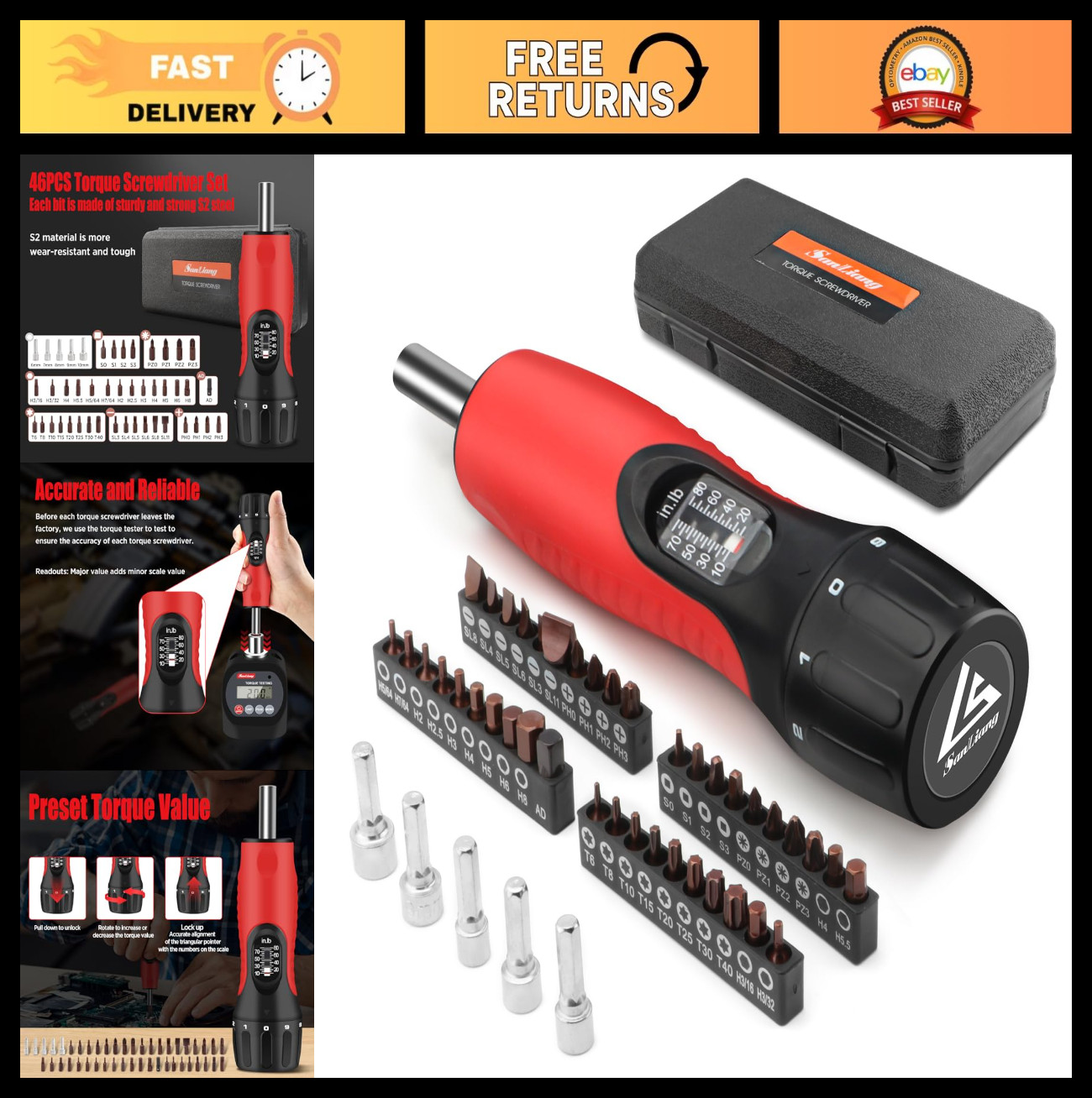 46Pcs Torque Screwdriver Set 10-80 in-lbs, 39 S2 Bits, 1/4″ Adapter & Sockets fo
