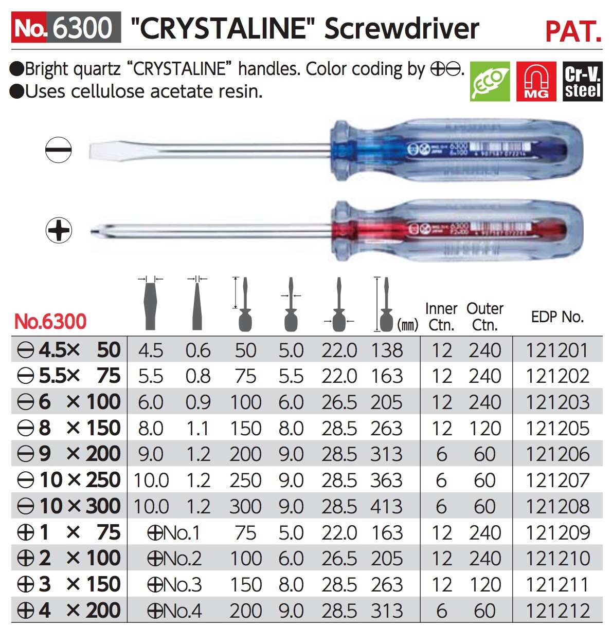 VESSEL CRYSTALINE Screwdriver driver -4.5,5.5,6,8,9,10,+1,2,3,4 50-300mm No.6300