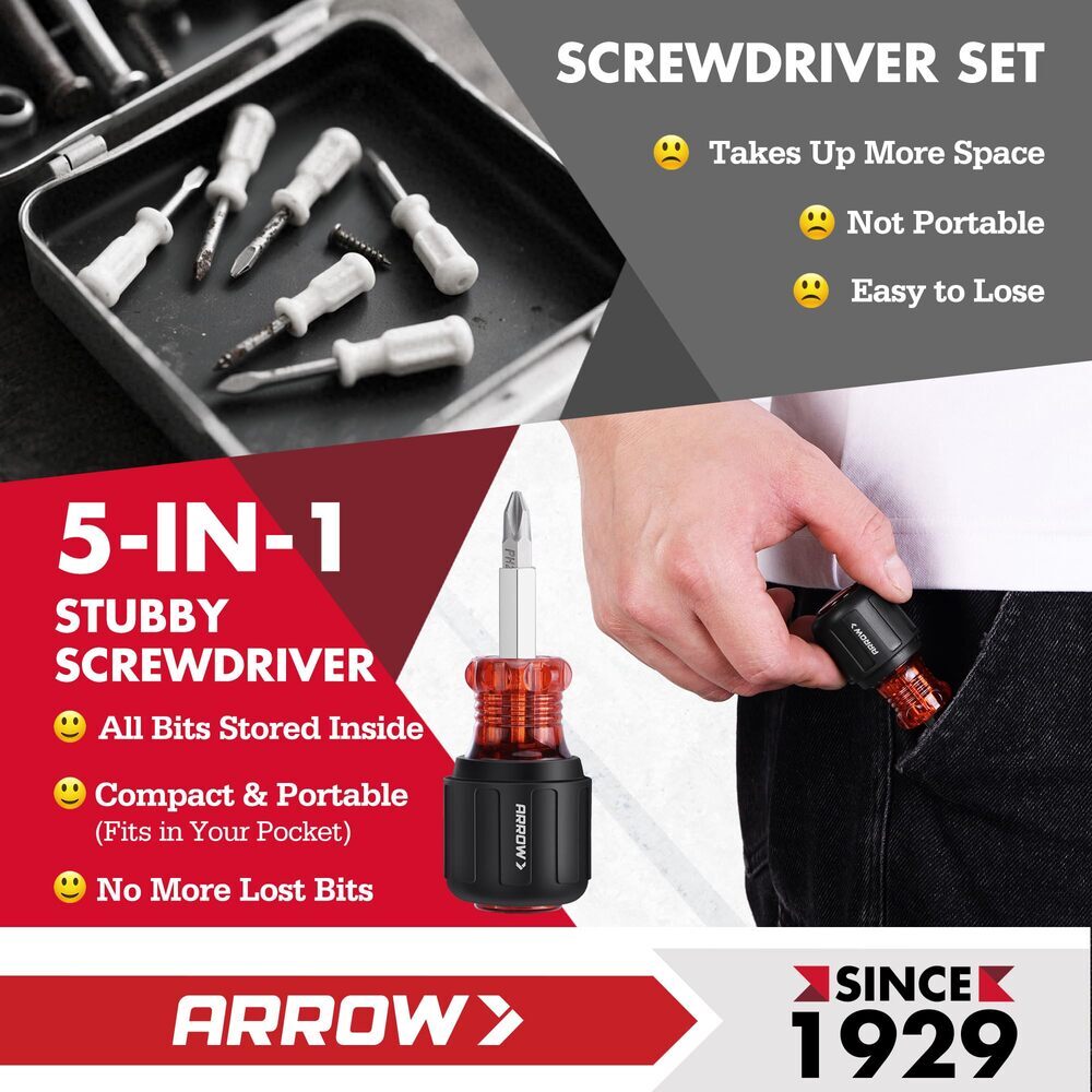 ARROW 2PC 11-in-1 Standard/5-in-1 Stubby Multi-bit Screw Driver & Nut Driver Set