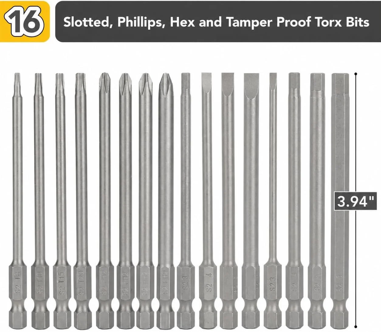 Bates- Long Screwdriver Bits Set, 16 pcs, 1/4 Hex Shank, Slotted, Phillips, Hex