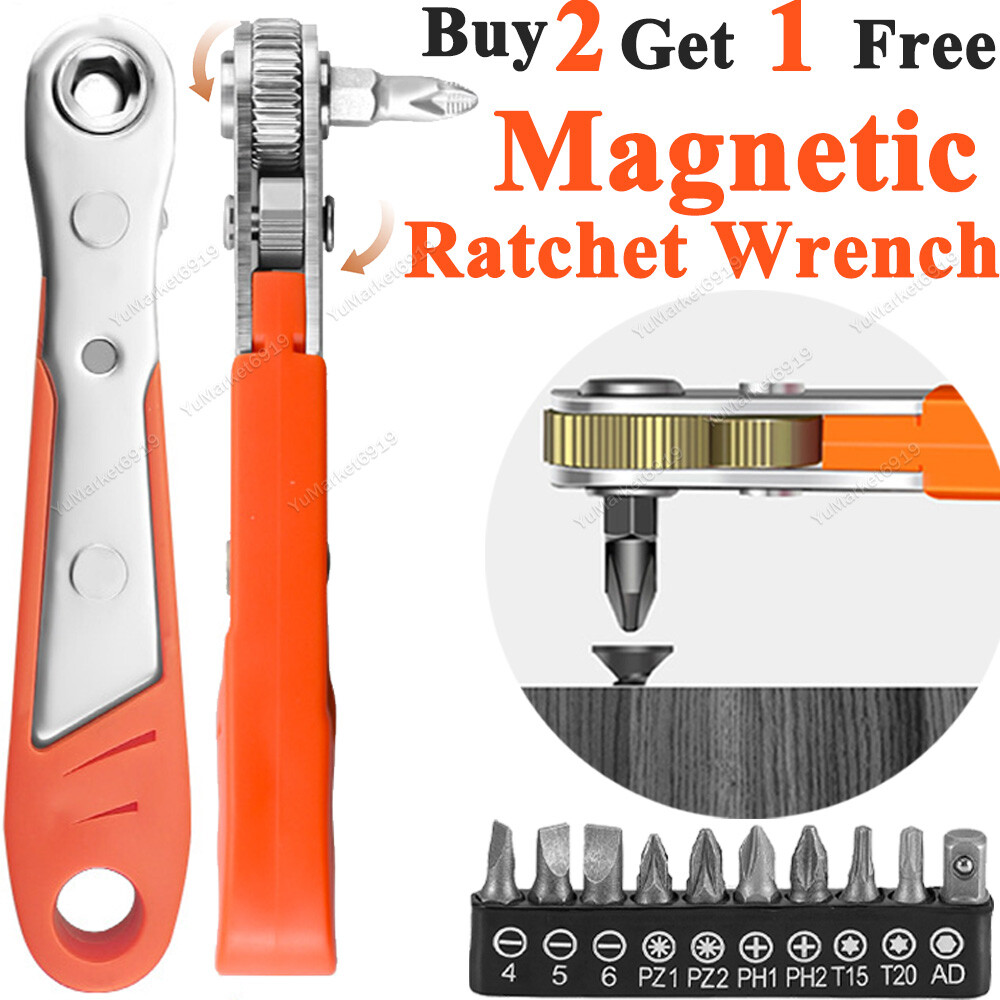 Magnetic Right Angle Screwdriver Hex Forward & Reverse Ratchet Wrench +10 Bits