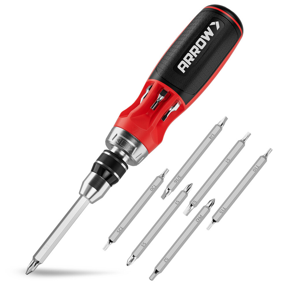 ARROW Multi Bit Ratcheting Screwdriver 12-IN-1 Stubby Ratchet Screwdriver w/Bits