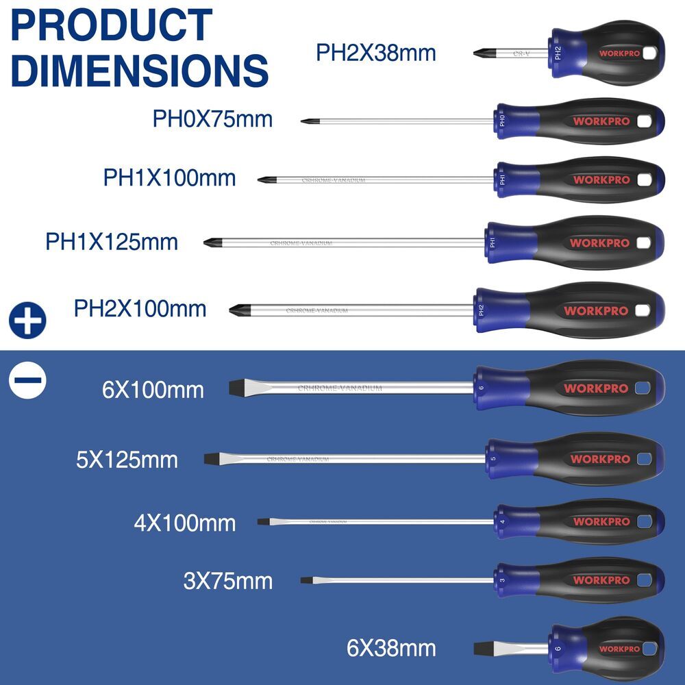 WORKPRO Magnetic Screwdriver Set 10-Piece Flat Head Phillips Slotted Screwdriver