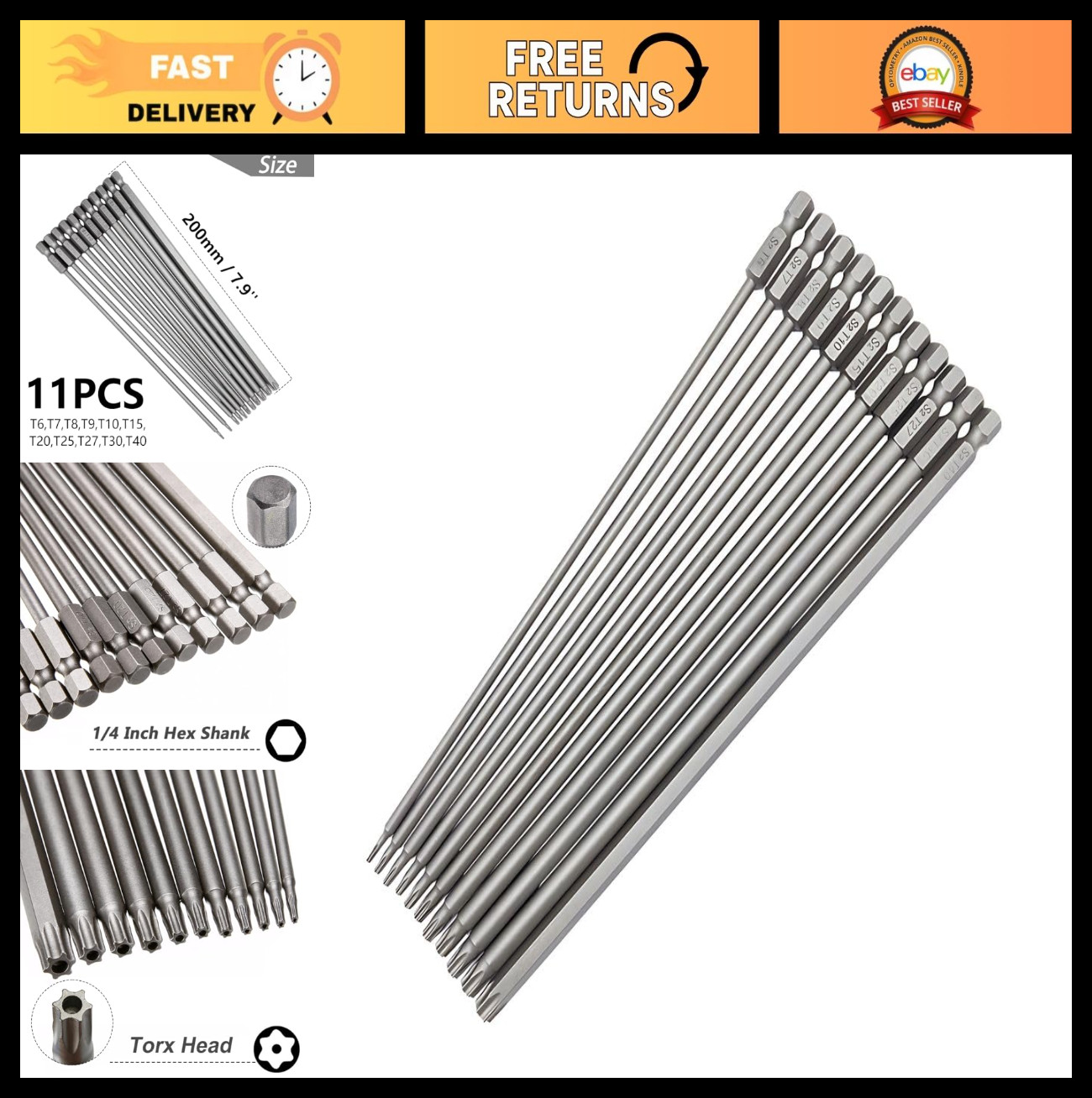11pcs Extra Long Torx Screwdriver Bit Set, Magnetic S2 Steel Star Bits T6-T40 1/