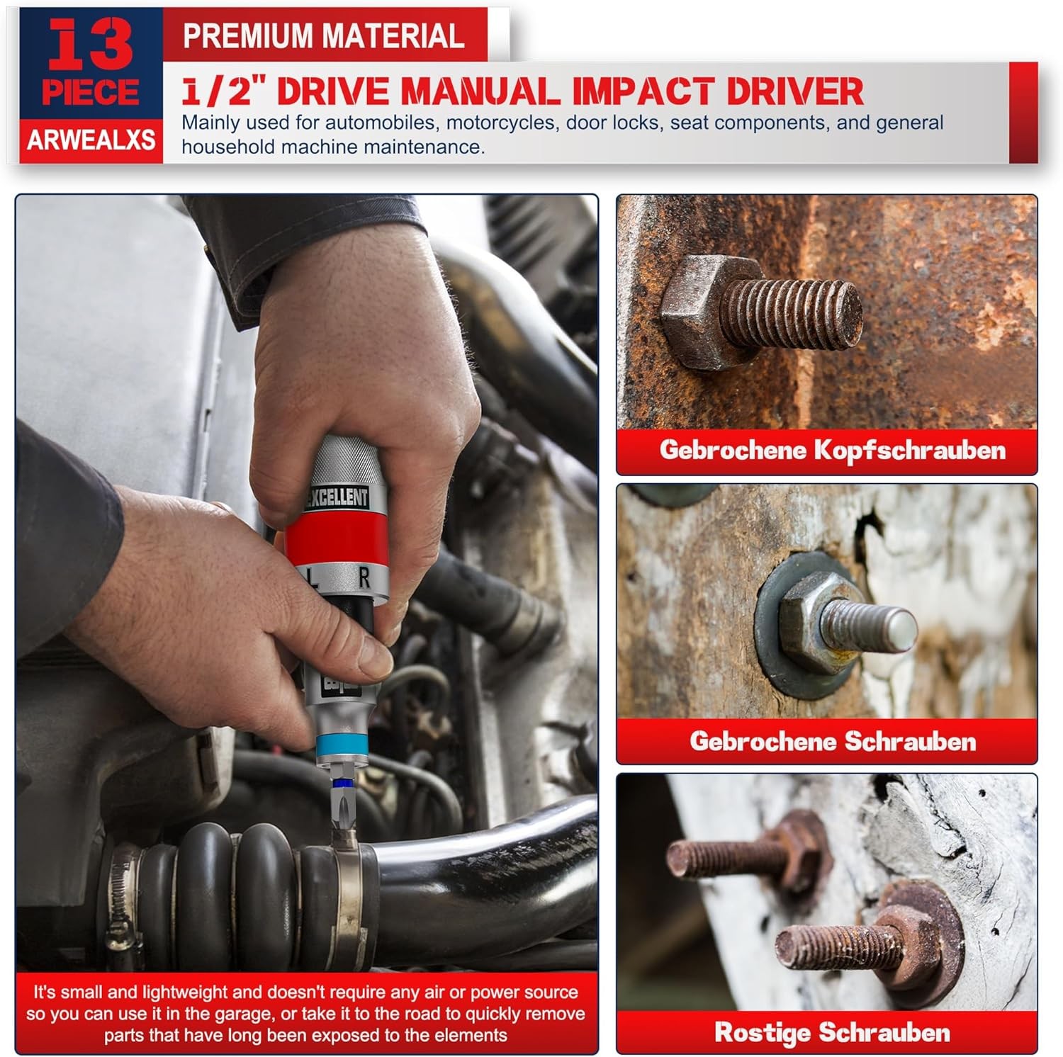 13Pcs 1/2″ Drive Manual Impact Driver Kit,Reversible Hand Impact Screwdriver Set