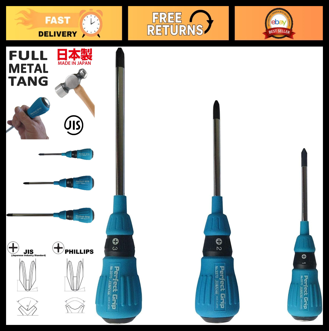 JIS Screwdrivers Set +1 +2 +3 | Perfect Grip, Tang Through, Made in Japan