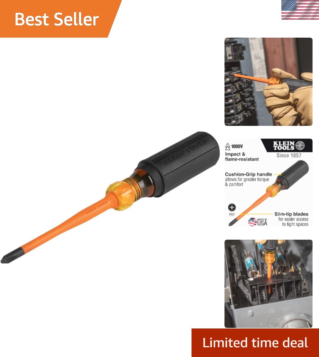 Klein 1000V Slim Insulated Screwdriver – Comfort Grip, Perfect for Tight Spaces