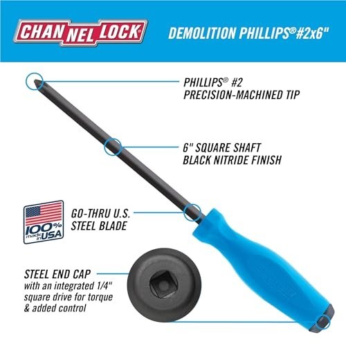 2 Piece Demolition Screwdriver Set Phillips #2 Slotted 1/4 Inch 6 Inch Heavy