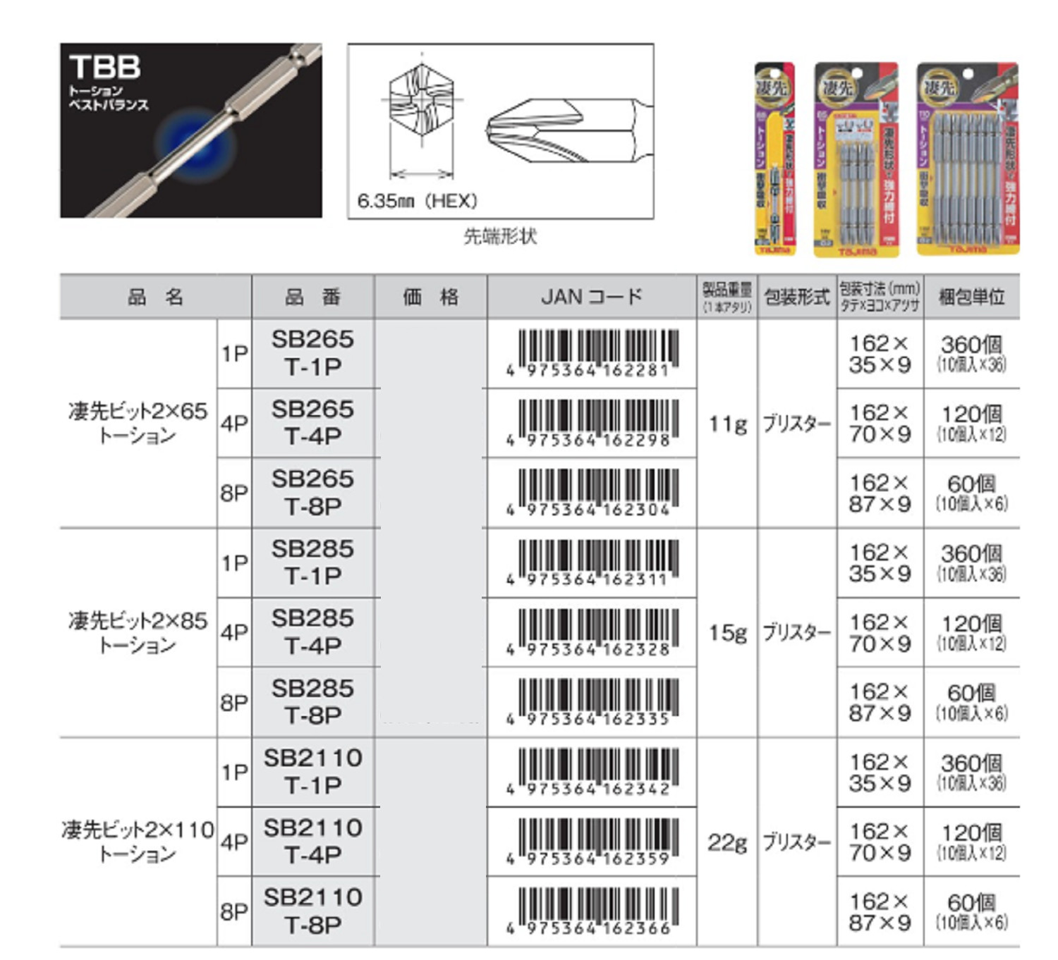 TAJIMA Torsion Screwdriver Bit Hex Dual Head with Mag 2x110mm SB2110T China