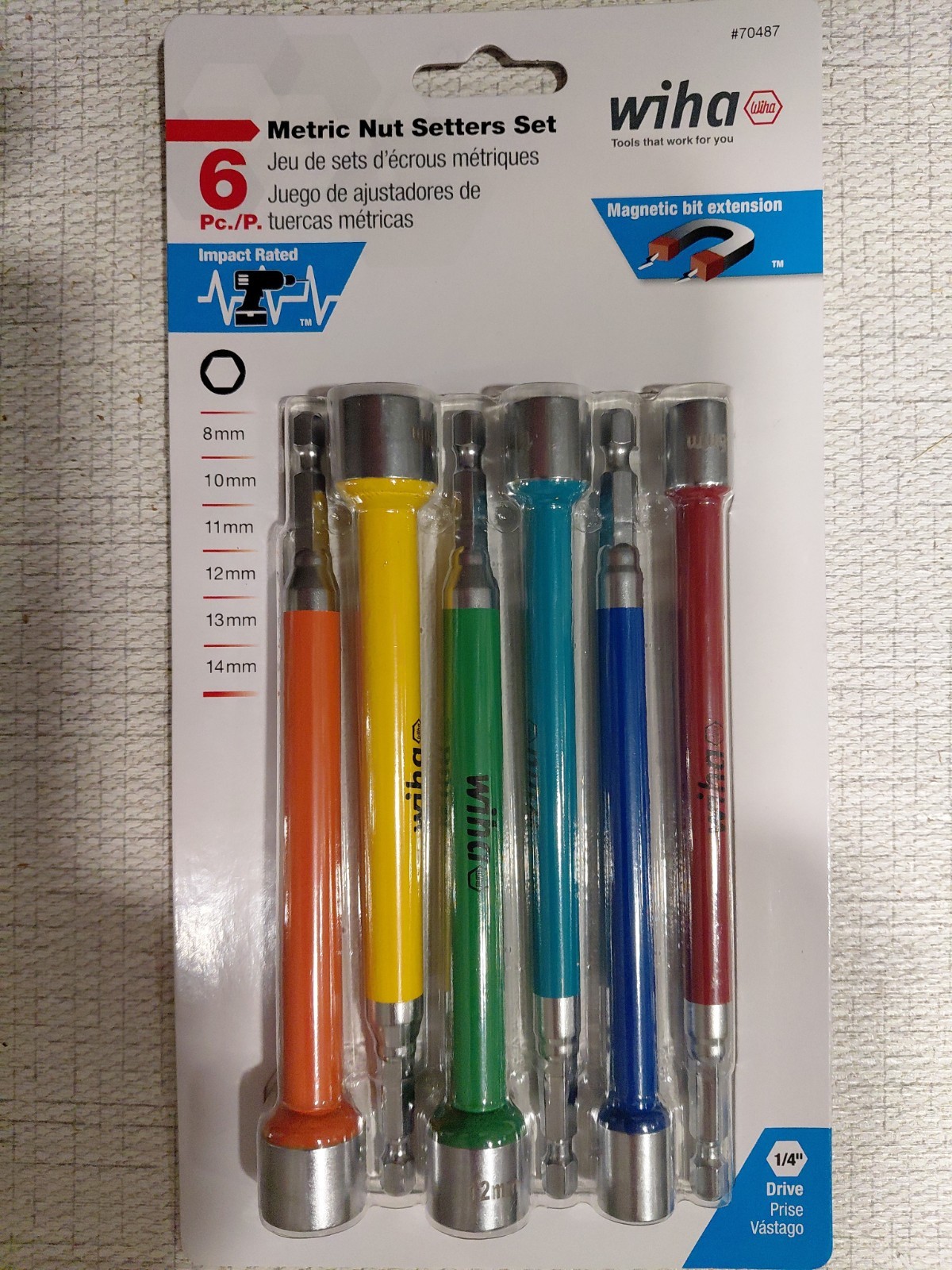 Wiha 70487 6-Piece Color Coded Magnetic Nut Setter, Metric Set, 6″ OAL