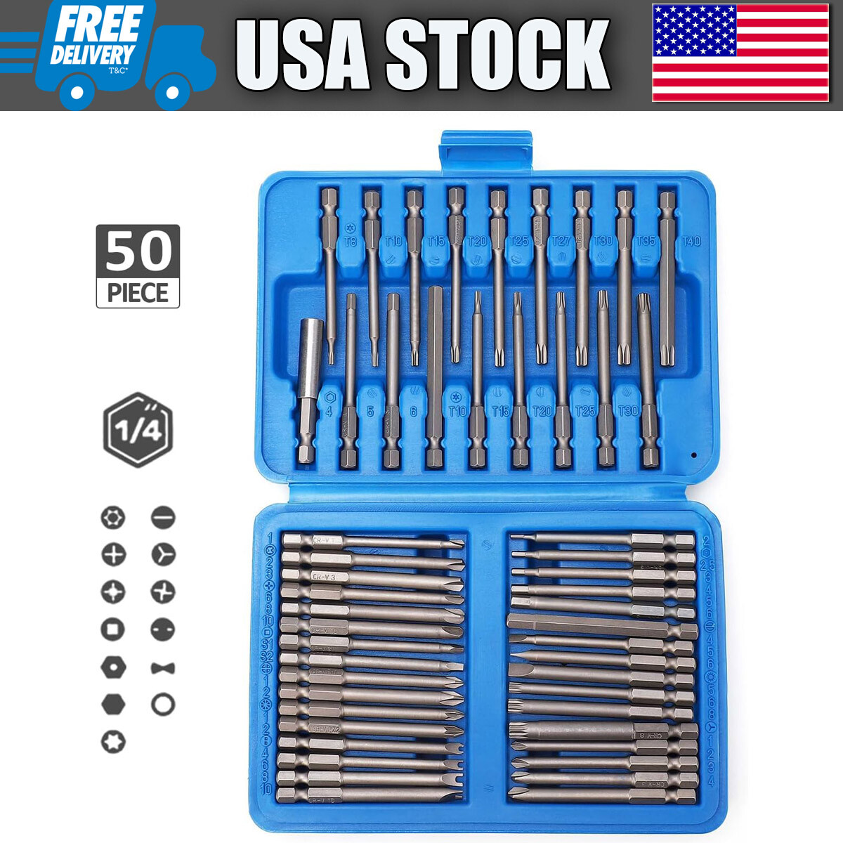 50Pcs Extra Long Security Bits Hex Torx Star Spline Flat Screwdriver Bit Box Set