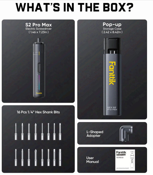 S2 Pro Max Cordless Screwdriver Set, 7 Torque, 16 Bits, Angle Adapter