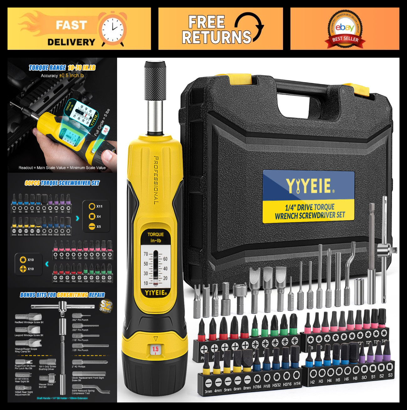60Pcs Torque Screwdriver Set, Adjustable 10-70 In-lbs, S2 Bits, 1/4″ Drive Wrenc