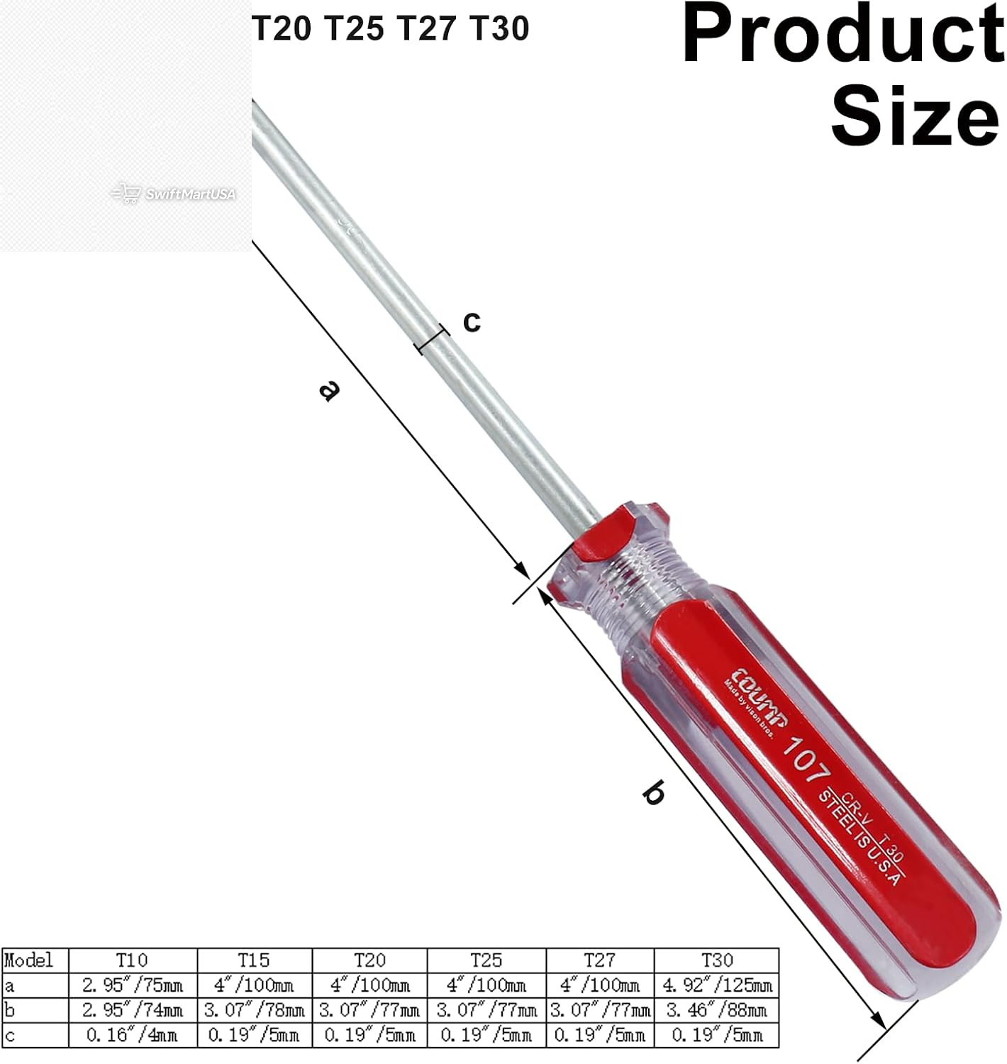 6 Pc Security Torx Screwdriver Set with Magnetic Tip, T10 T15 T20 T25 T27 T30 Cr