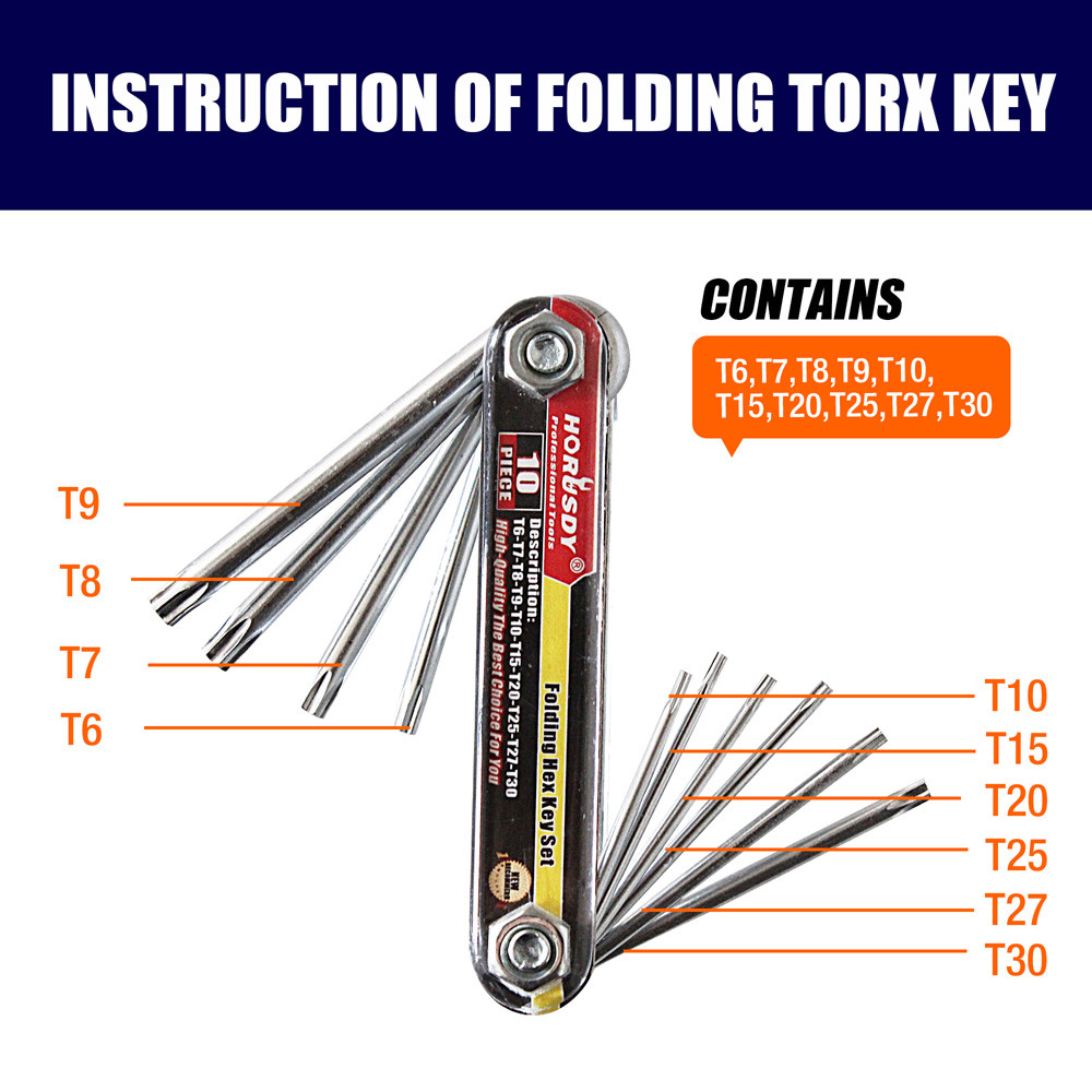10 PC Folding Locking Torx Hex Key Allen Wrench Driver Set Tamper Resistant