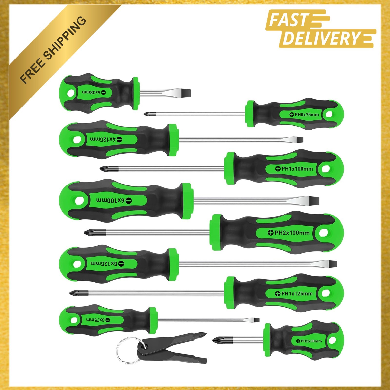 Magnetic Screwdriver Set, 10 Pieces Chromium Vanadium Steel Tips, Cushion Grip