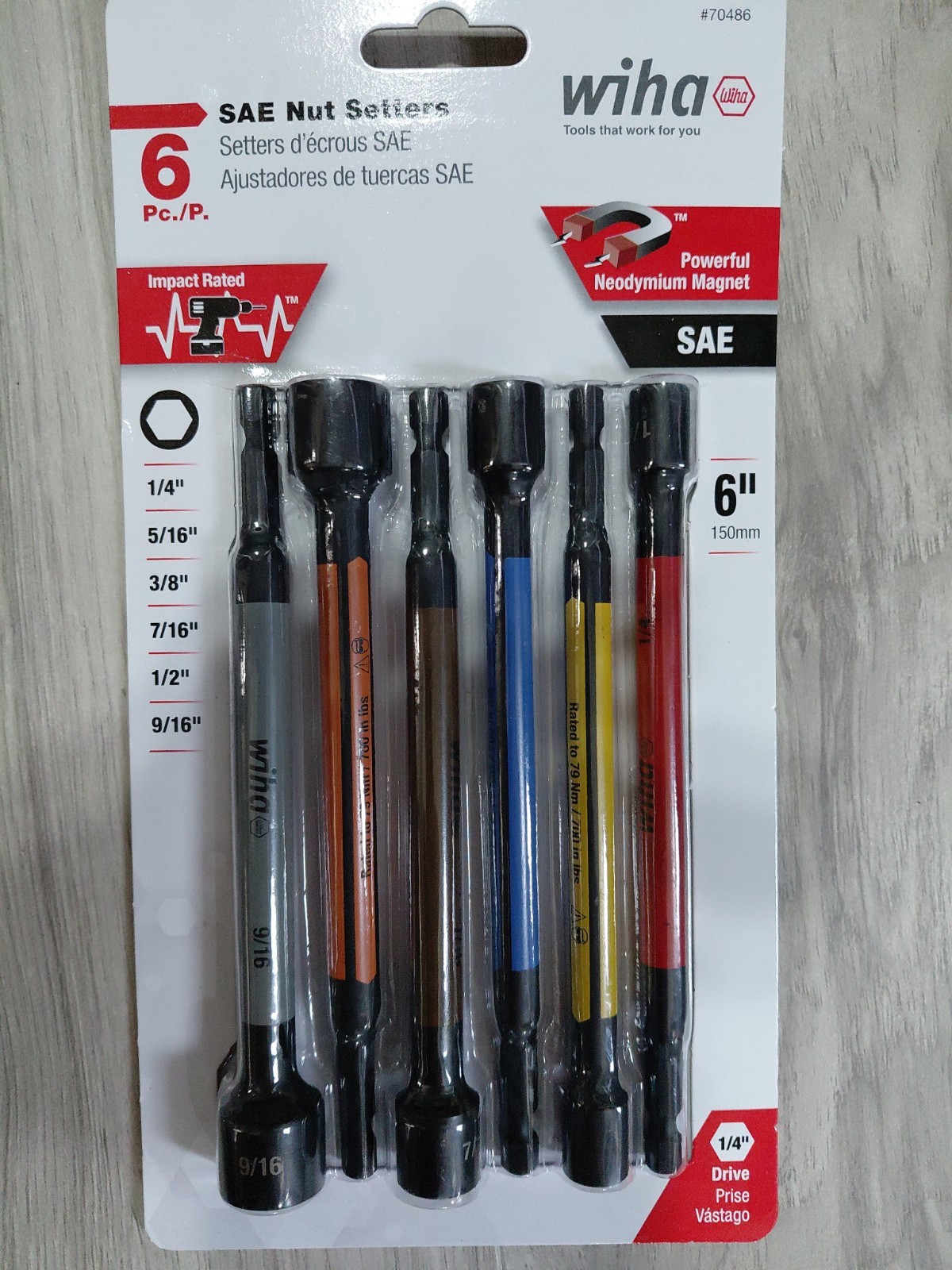 Wiha 70486 & 704876-Piece Color Coded Magnetic Nut Setter,Sae, Metric Set, 6″