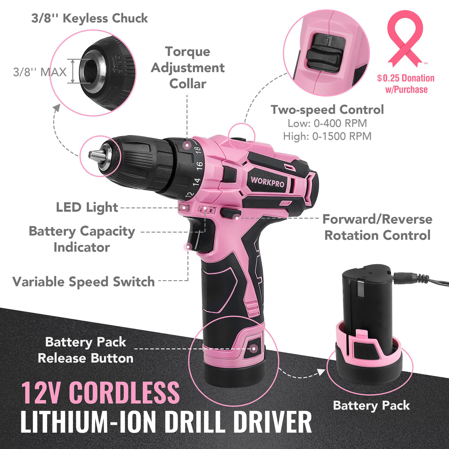WORKPRO Pink Tool Set with Power Drill 108PCS Portable 1.5 Ah Cordless Drills