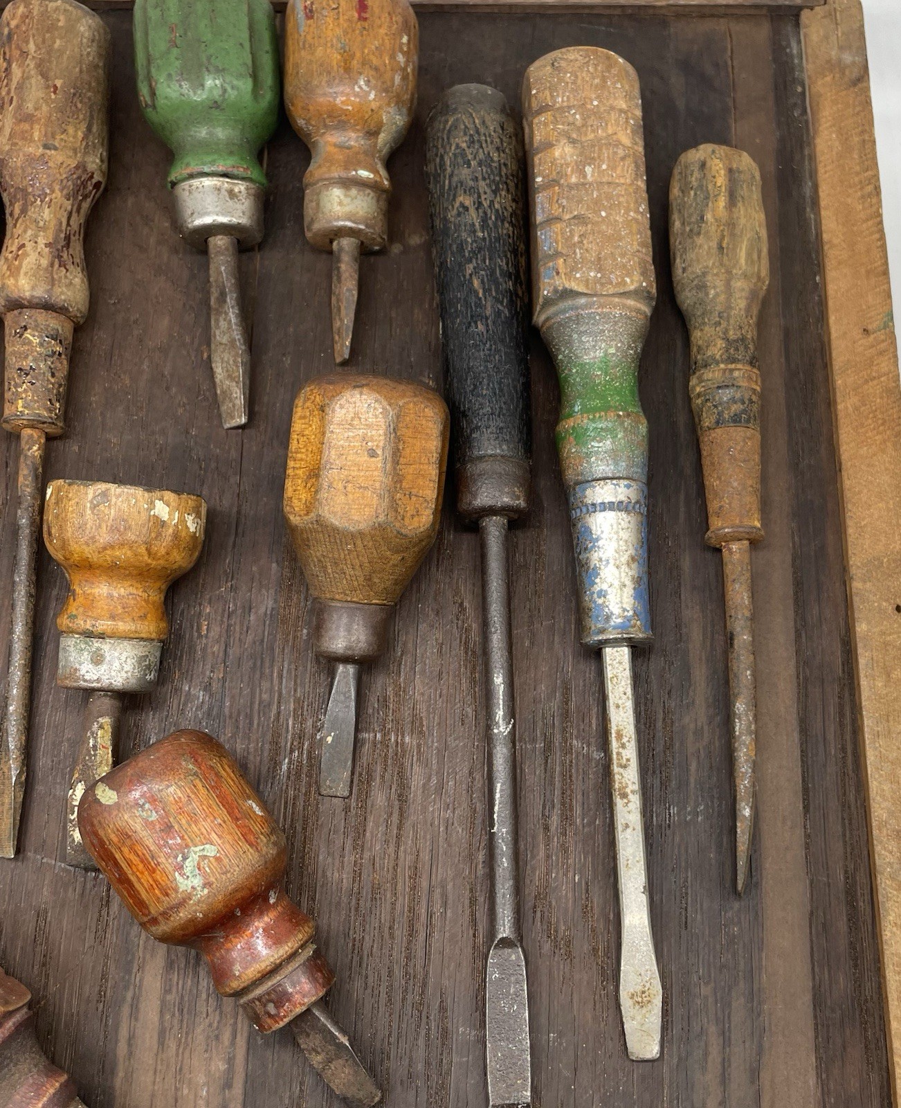 Antique Wood Handle Screwdrivers & Hand Tools In Primitive Wooden Box