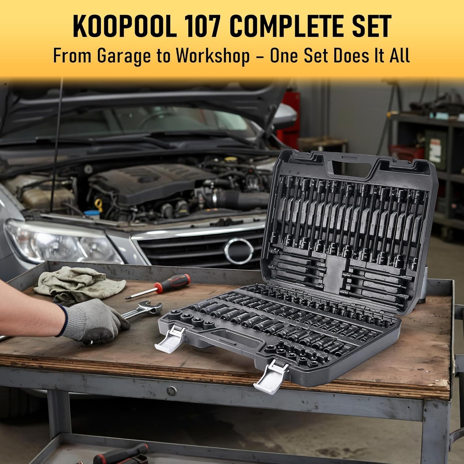 107-Piece Master Torx & Allen Bit Socket Set,S2 Steel,1/4″ 3/8″ 1/2″ Drive