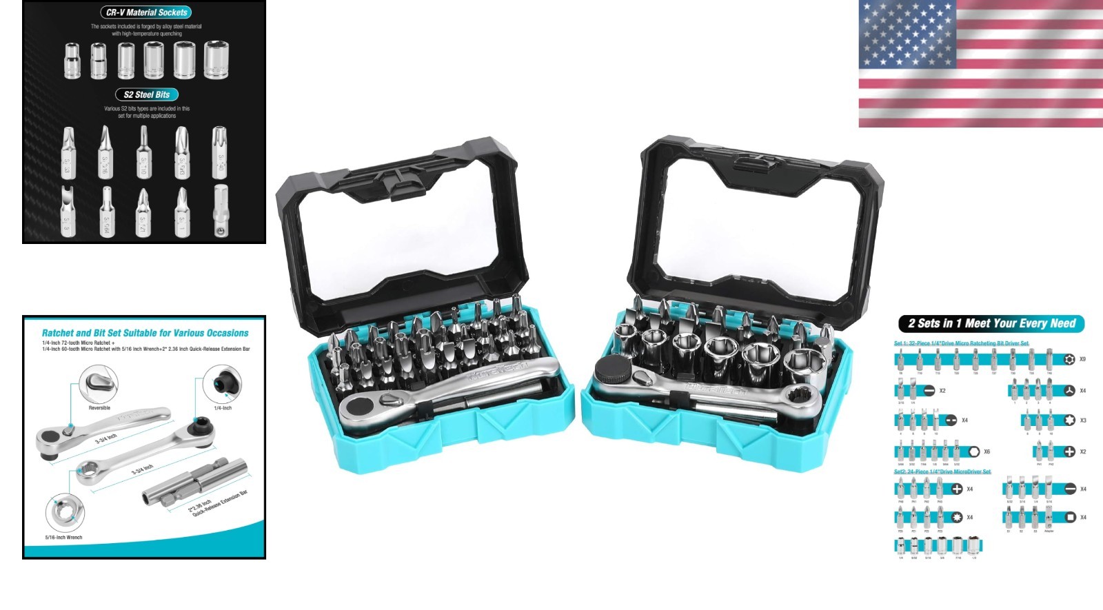 56-Piece Mini Ratchet Wrench & Bit Set with Storage Cases