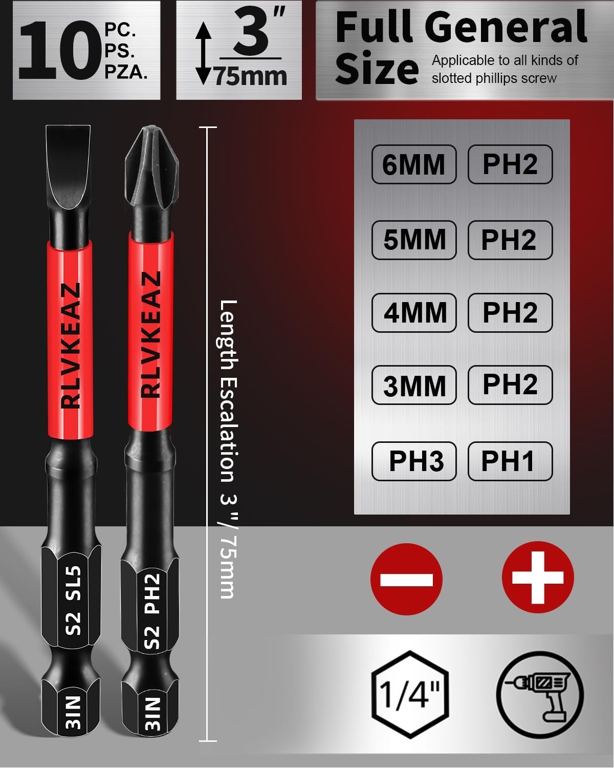 10-PCS 3″ Long Magnetic Screwdriver Bits Set: Phillips Bits #1/#2/#3 & Slotted H