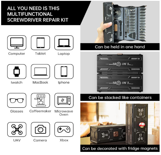 Kit destornilladores 180 en 1 magnético para PC, móvil, consolas y bricolaje.