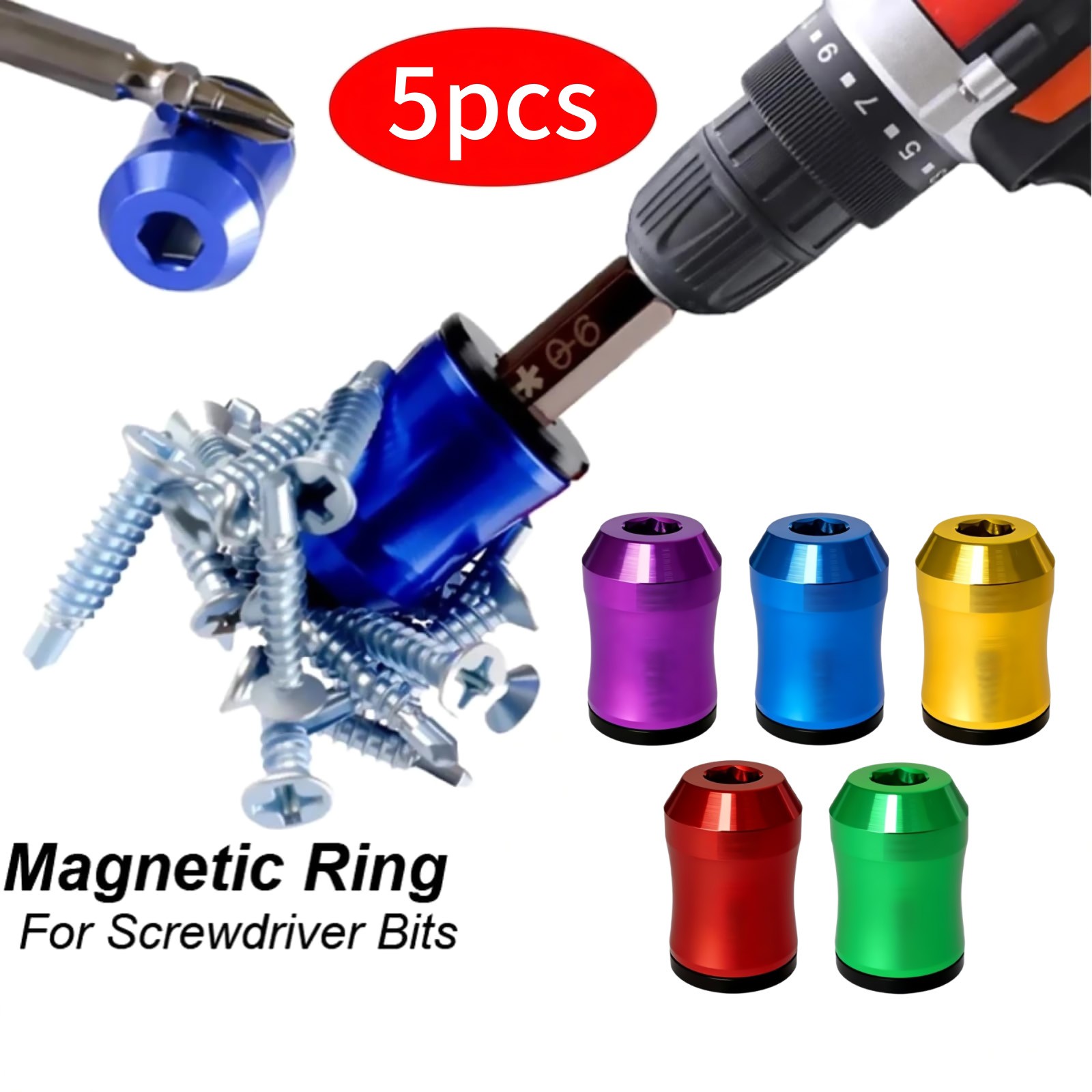 5pcs Aluminum Alloy Magnetic Bit Ring for Power Drill Hex Shank Fastener Tool