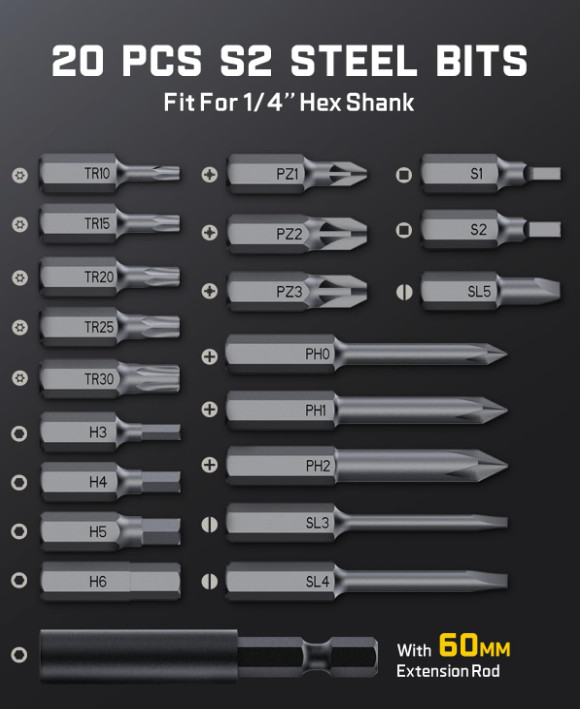 S2 Pro Electric Screwdriver Set Cordless 7 Torque 20 Bits w/ 90° Adapter