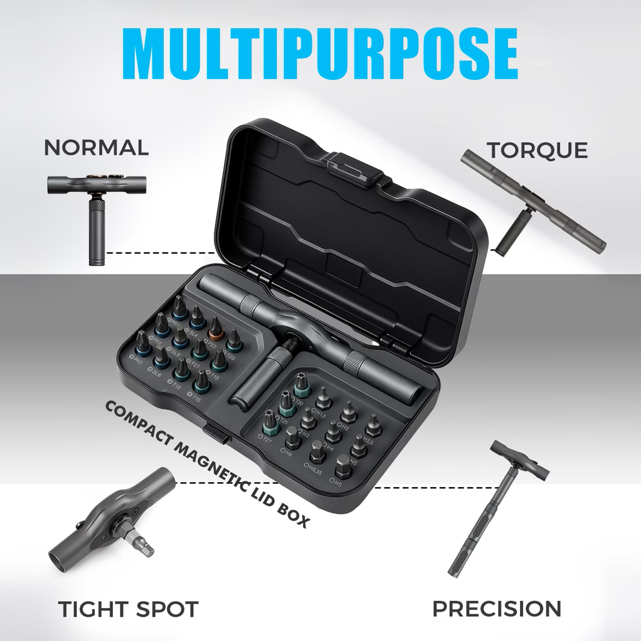 24-in-1 Ratchet Screwdriver Set T-Handle Magnetic Bits Repair Tool Kit S2 Steel