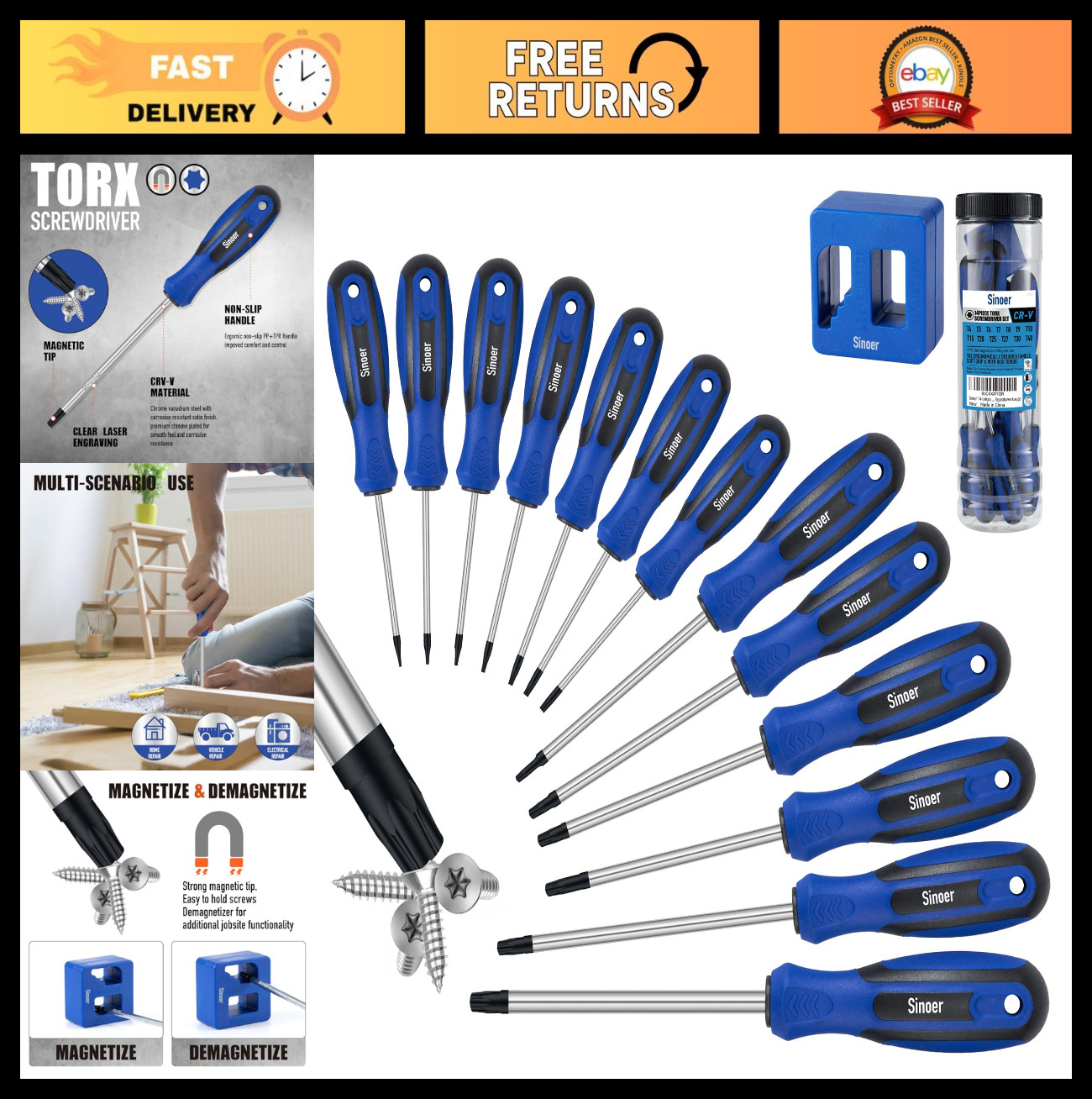 14-Piece Magnetic Torx Screwdriver Set, Chromium Vanadium Steel T4-T40, Pro Repa