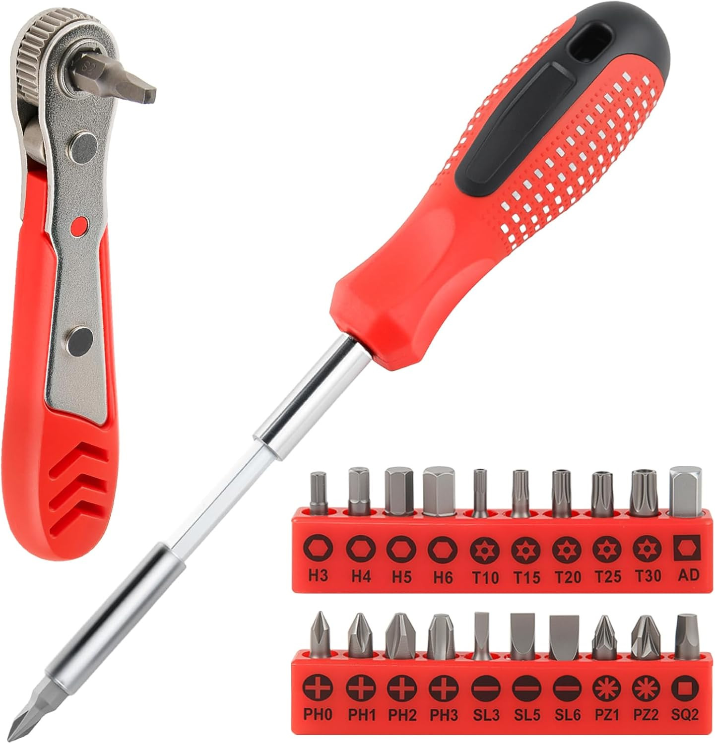 Multi-Bit Magnetic Ratcheting Screwdriver Set with Phillips, Slotted, Hex, Torx