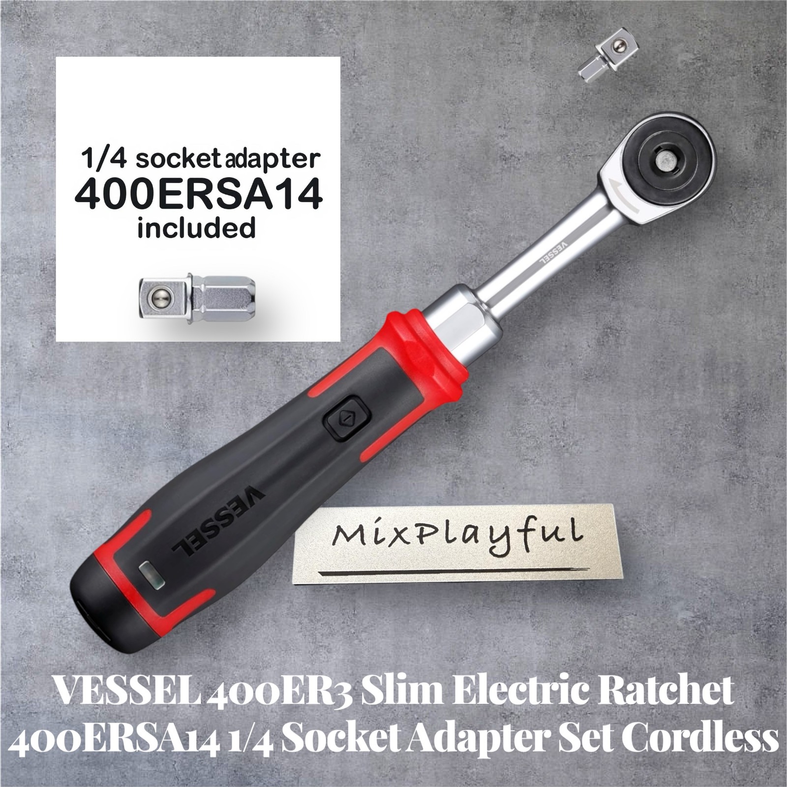 VESSEL 400ER3 Slim Electric Ratchet 400ERSA14 1/4 Socket Adapter Set Cordless