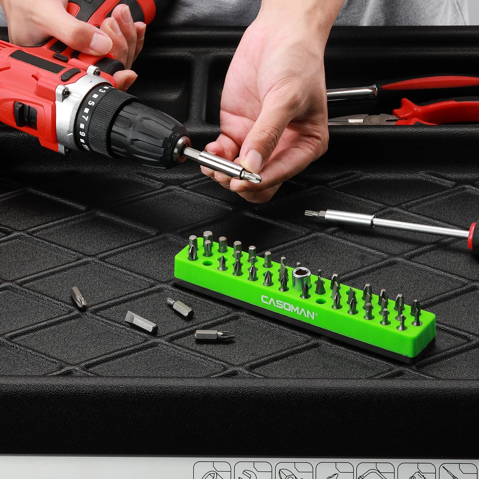 CASOMAN 1/4″ Hex Bit Organizer with Magnetic Base – 7*1.2*0.8 inches, Green
