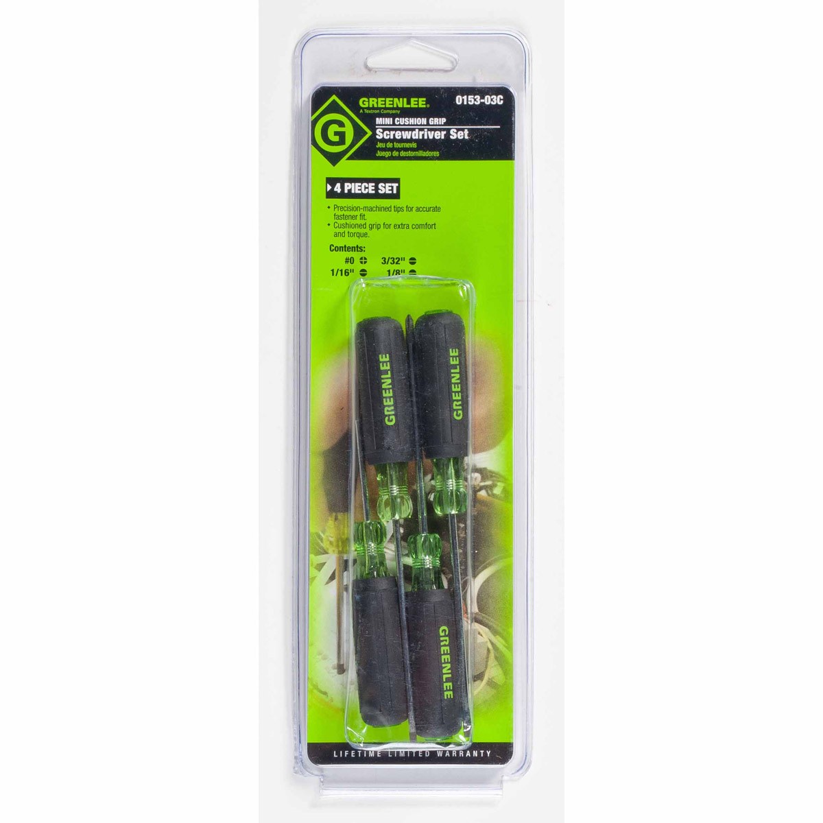 Greenlee 0153-03C 4-Piece Mini Screwdriver Set, Round Shank, Black Phosphate Tip