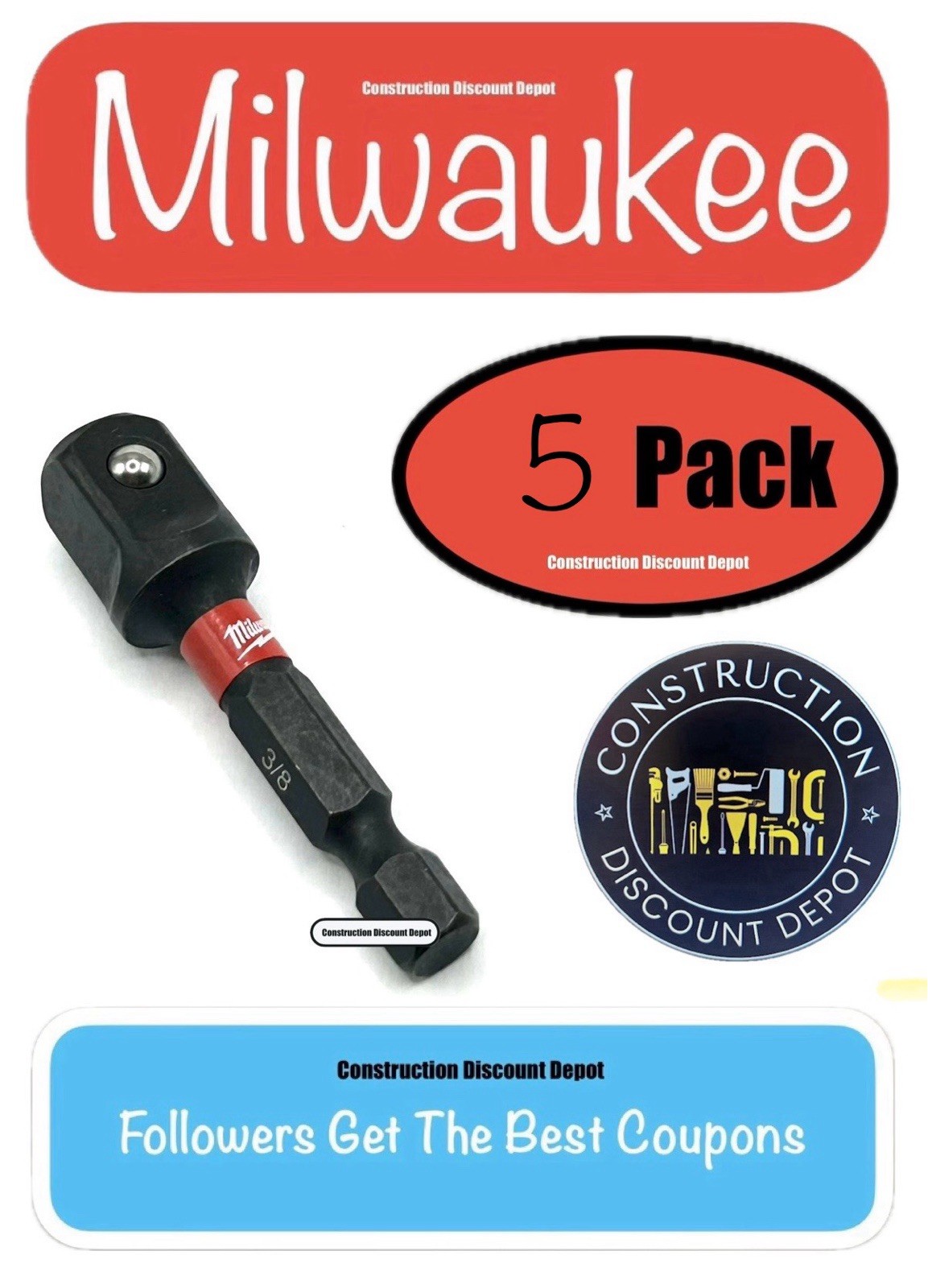 5 Pack Milwaukee SHOCKWAVE Impact Duty 3/8″ Socket Adapter 1/4″ Shank Bulk